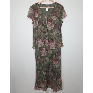 Vtg 90s Green Dark Floral Crinke Maxi Dress Forest Fairy Grunge Whimsigoth 14